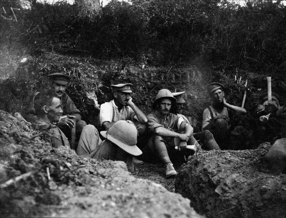 Soldiers of the Wellington Mounted Rifles occupying a trench on Table Top during the night of August 6. 1915. 